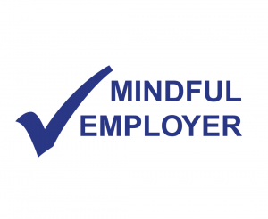 A navy blue tick. To the right of the tick reads "Mindful Employer" in capital letters.