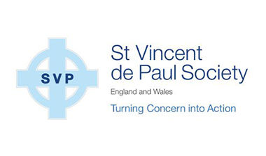 Associate: St Vincent de Paul Image features a blue cross with the capital letters 'SVP' inside of it. To the right text is displayed that reads "St Vincent de Paul Society" in navy blue. This is followed by text that displays "England and Wales" and "Turning Concern into Action".