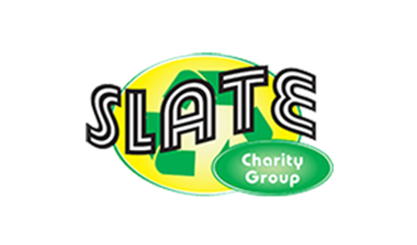 A yellow oval that has a green triangular recycle symbol inside. On top of this, text is displayed that reads 'SLATE' and 'Charity Group'.