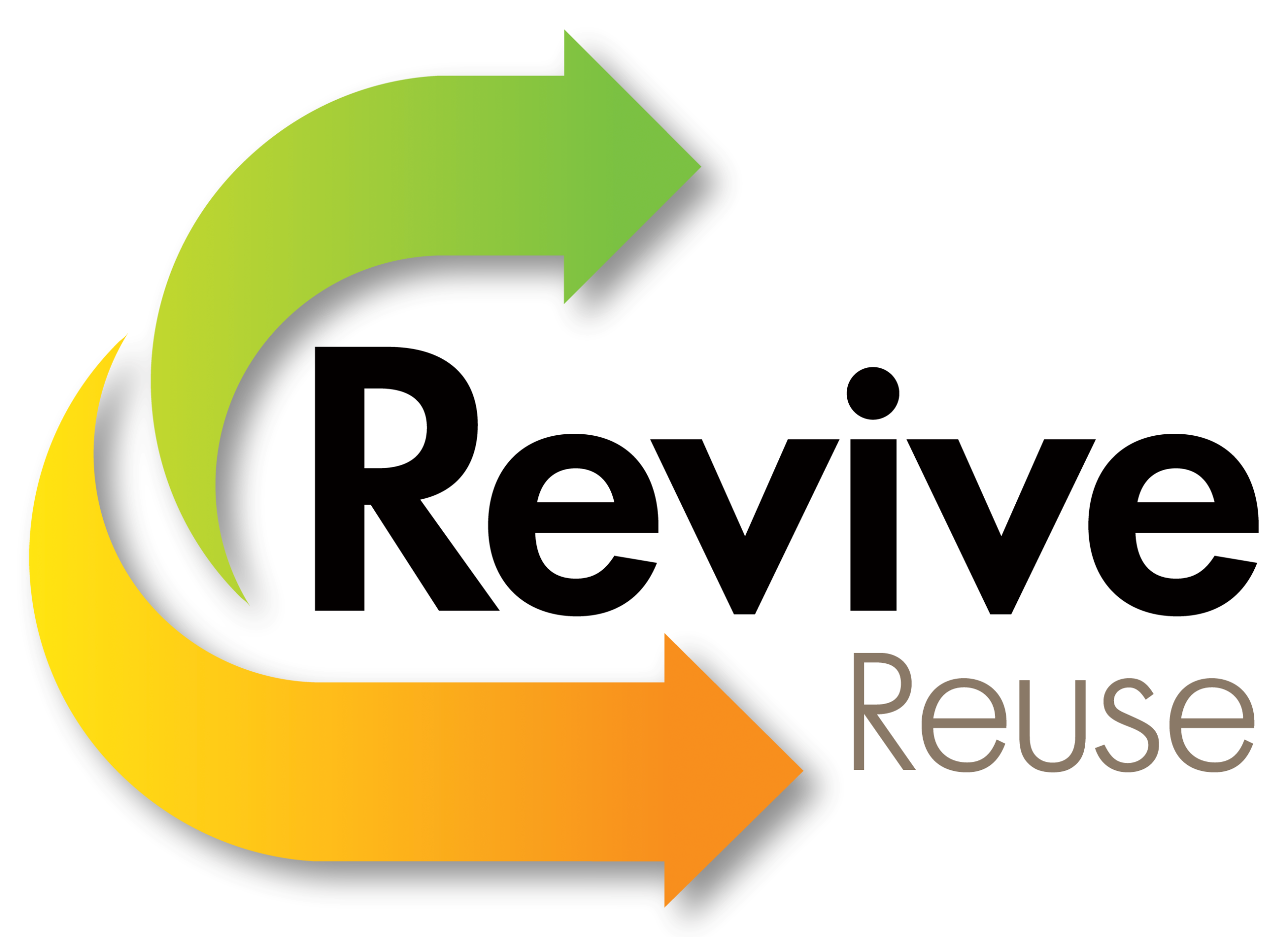 Image features two arrows, one in green and one in orange. To the right, text is displayed that reads "Revive" in black and underneath that "Reuse" in brown.